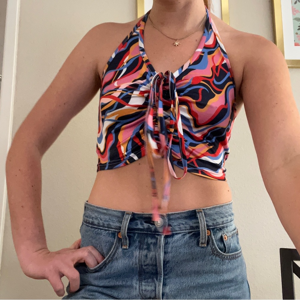 Wavy Multicolor Cinch Tie Halter Tank Top